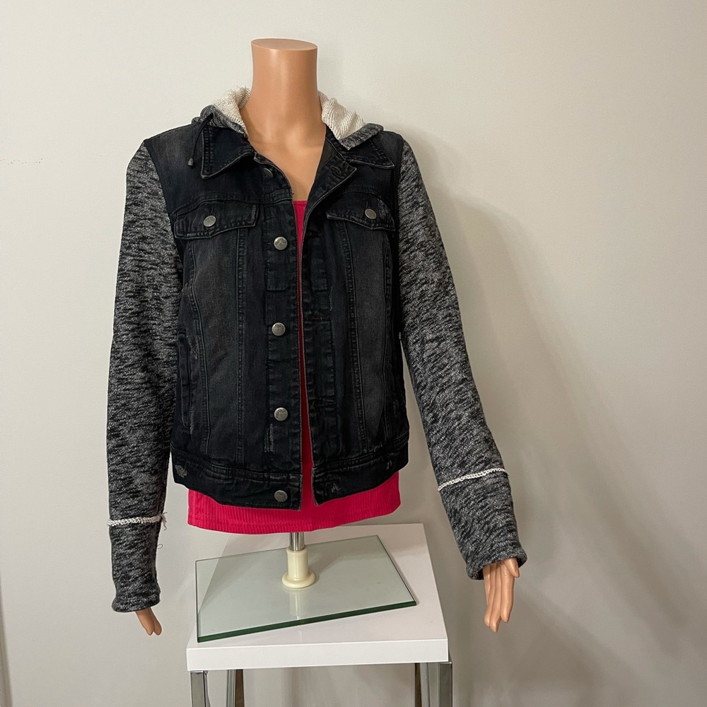 Free people distressed denim and knit jacket sz M